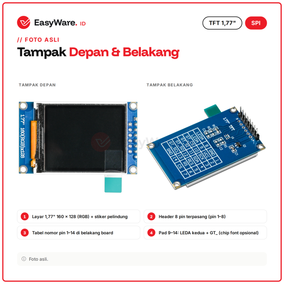 LCD TFT 1.77 inch 160x128 SPI 8 Pin Display Warna RGB ST7735S Layar Arduino ESP32