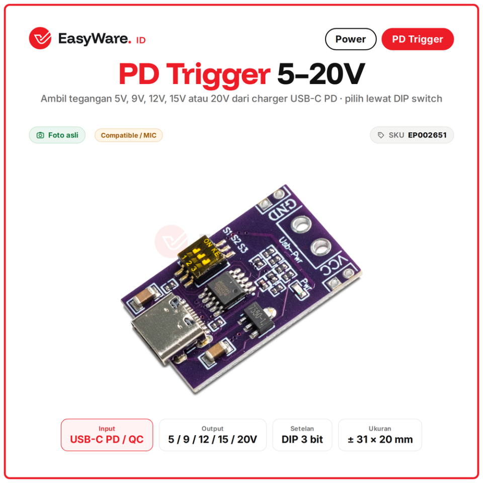 Modul USB PD Trigger Type-C Decoy 5V 9V 12V 15V 20V DIP Switch Charger Laptop Power Bank