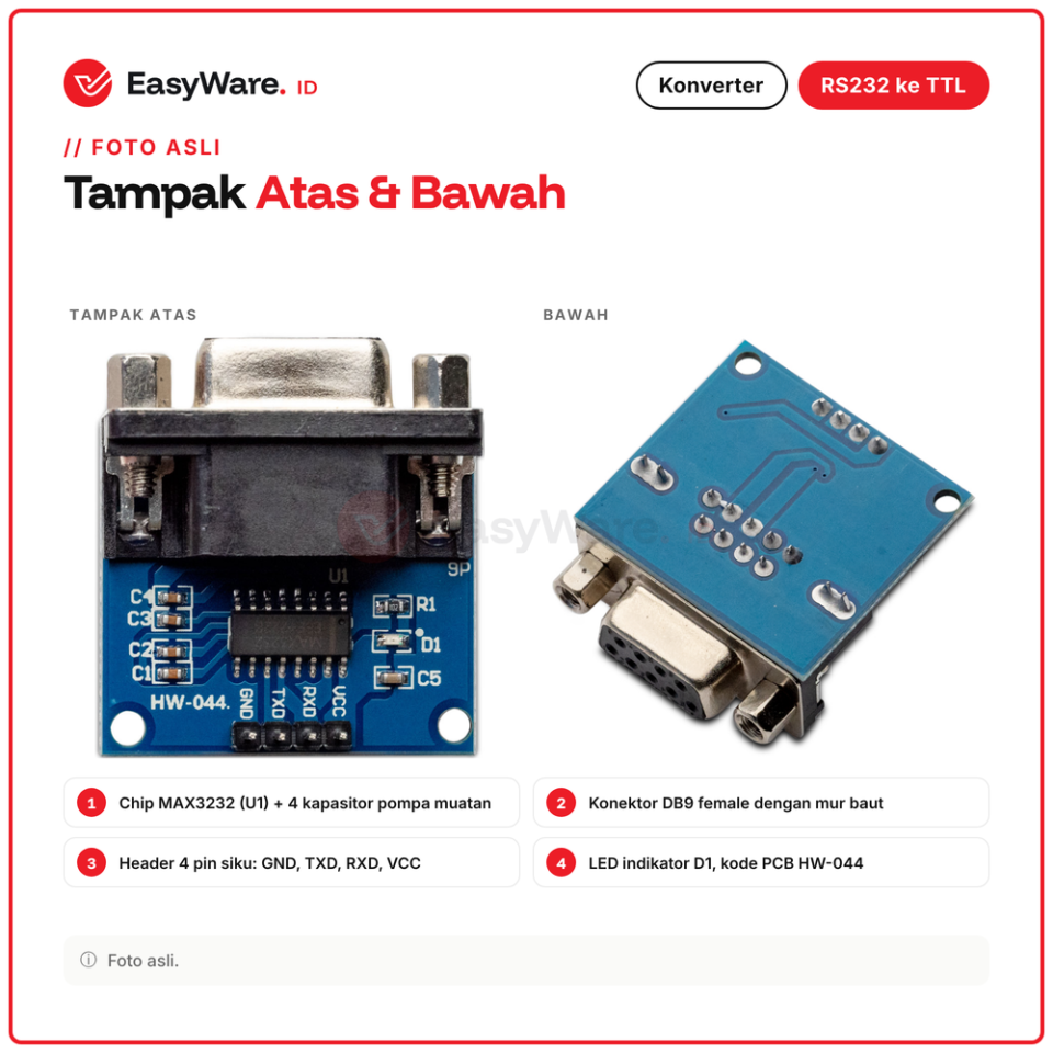 Modul RS232 ke TTL DB9 Female MAX3232 Serial Converter 3.3V 5V HW-044 untuk Arduino ESP32 PLC Port COM