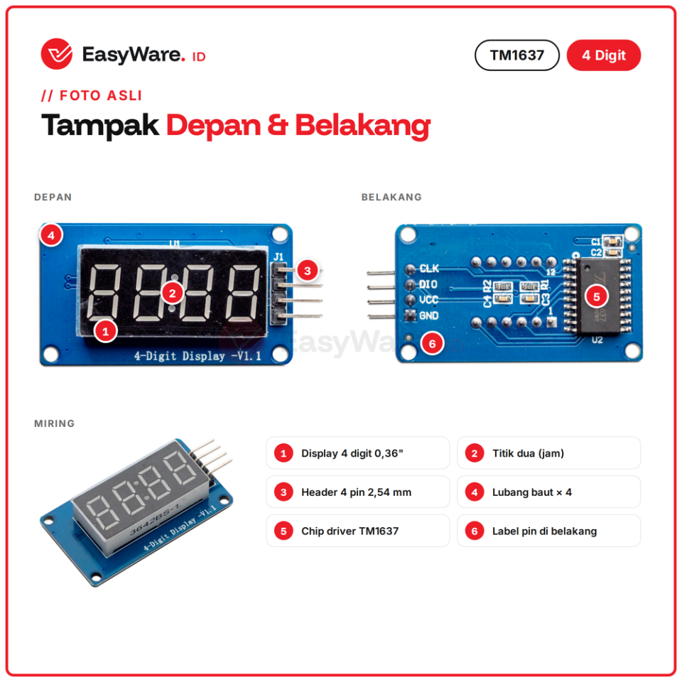 TM1637 Modul Display 7 Segment 4 Digit 0.36" Titik Dua Jam