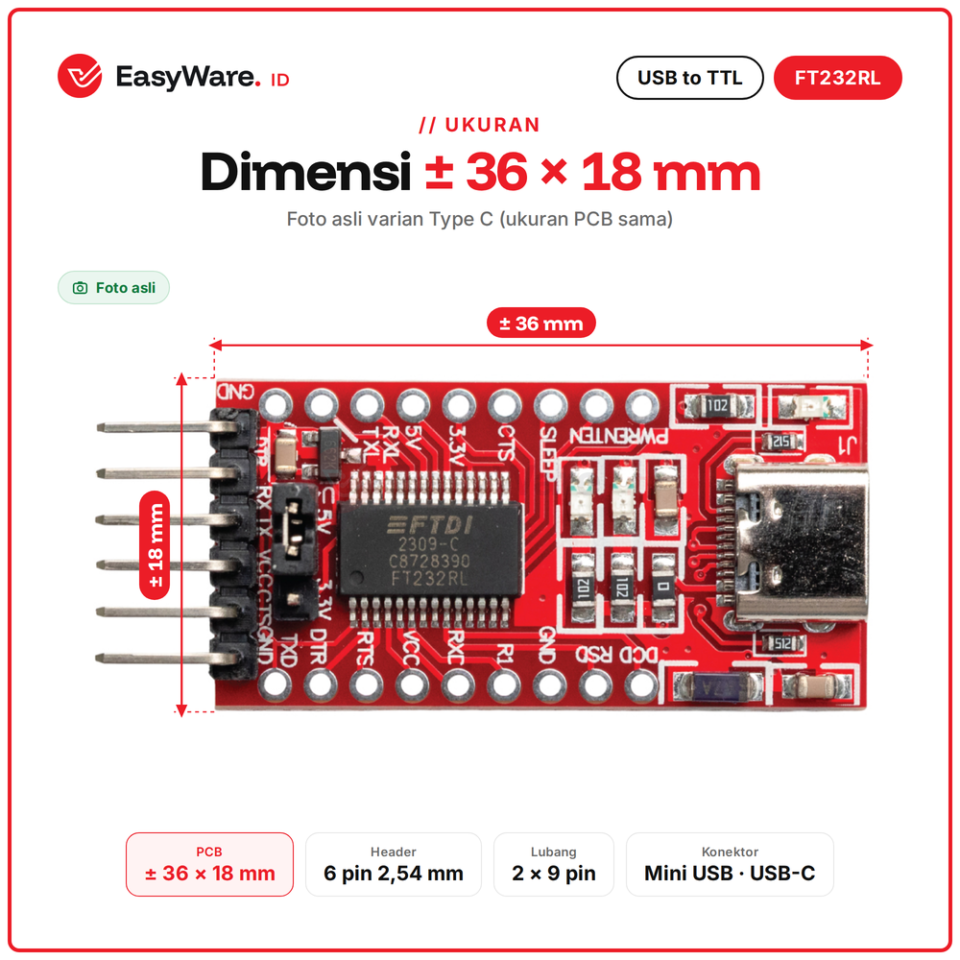Modul USB to TTL FT232RL Serial UART 3.3V 5V Mini USB Type C (2 Pilihan)