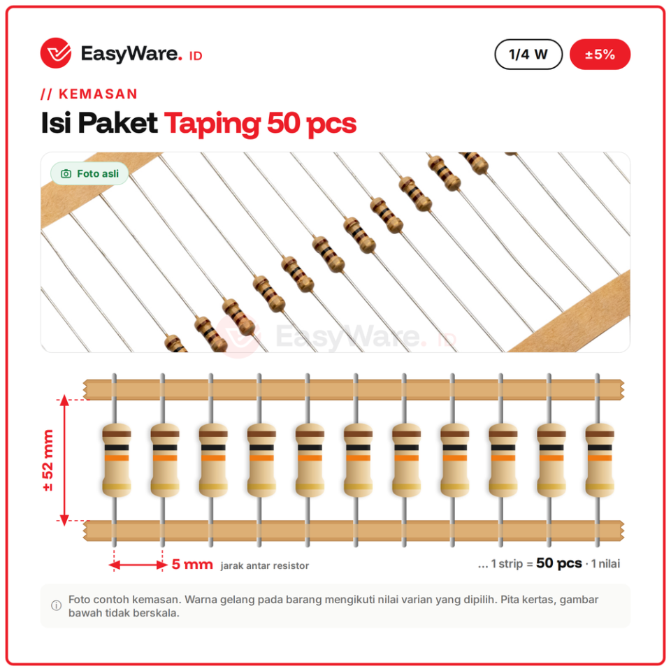 [50 PCS] Resistor Carbon Film 1/4W 5% 5K1–18K (10 Pilihan)