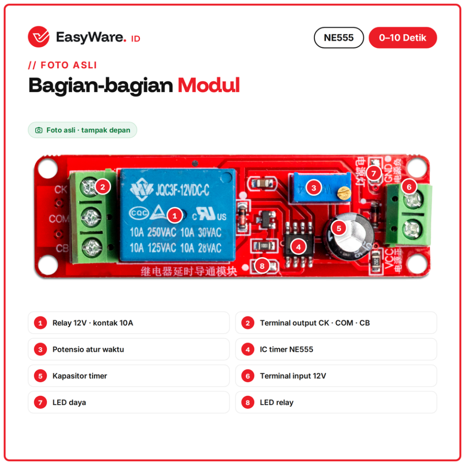 NE555 Timer Delay Relay Modul Tunda Nyala 0–10 Detik DC 12V