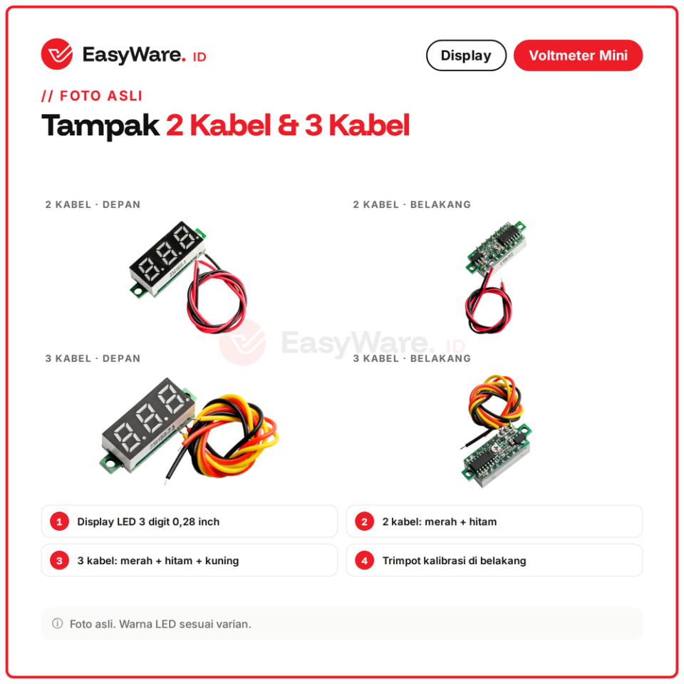 Voltmeter Digital Mini DC 0.28 Inch 3 Digit 2 Kabel 2.5-30V 3 Kabel 0-100V LED Merah Biru Hijau Kuning (8 Pilihan)