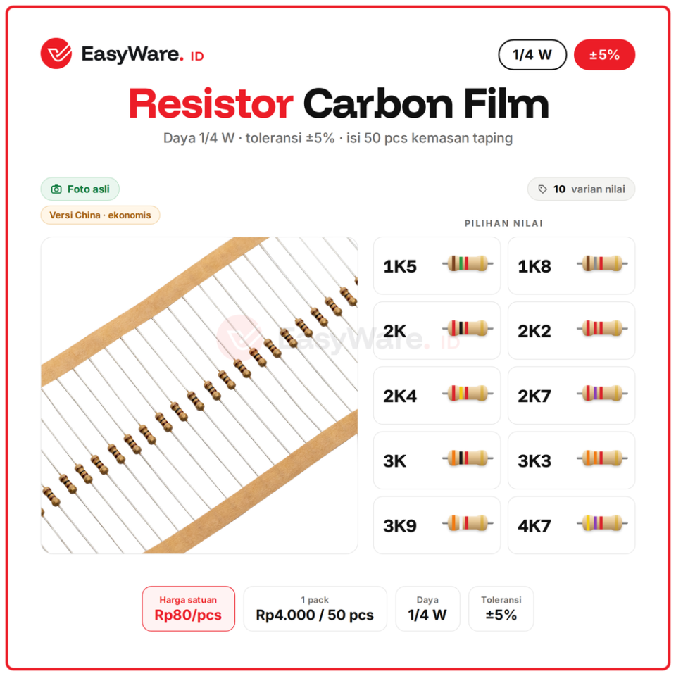 [50 PCS] Resistor Carbon Film 1/4W 5% 1K5–4K7 (10 Pilihan)