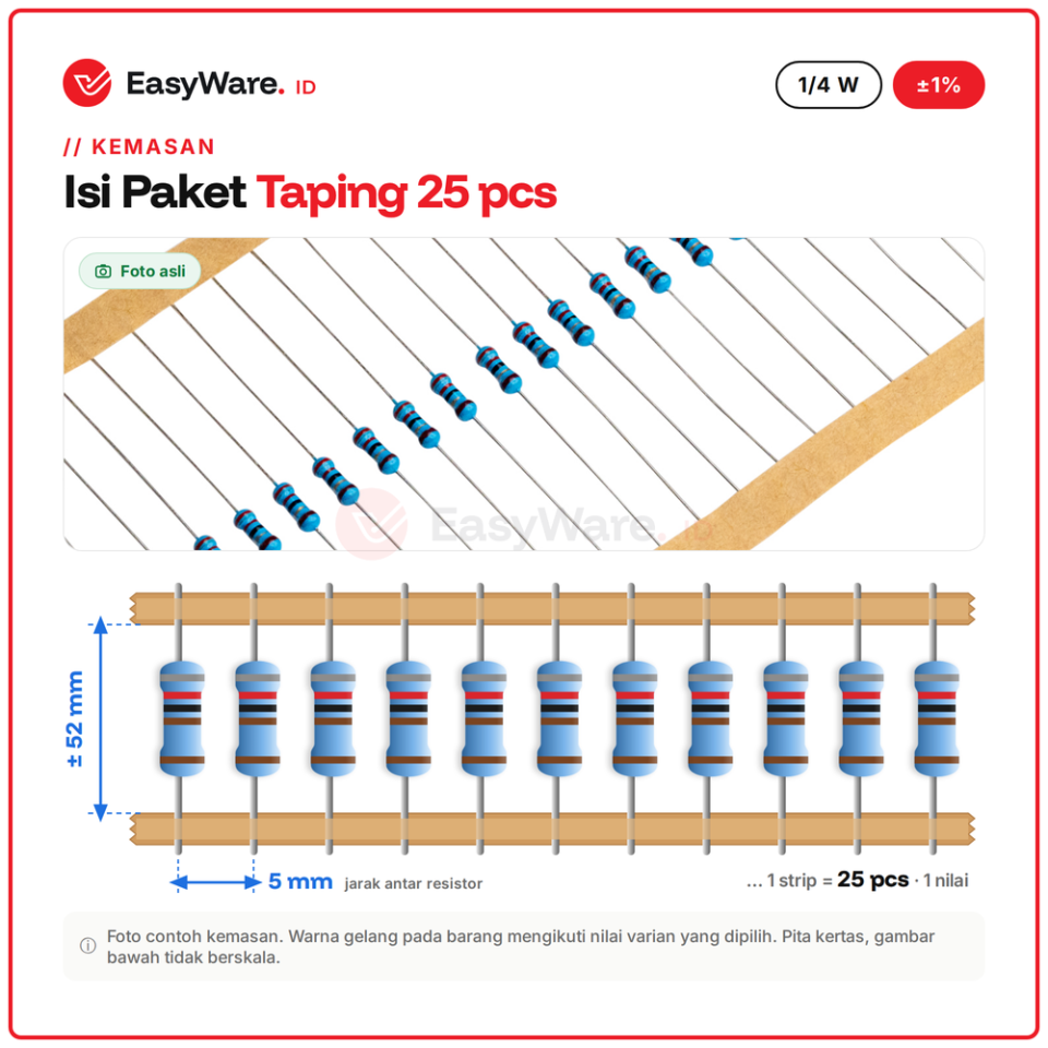[25 PCS] Resistor Metal Film 1/4W 1% 4K7–16K (10 Pilihan)