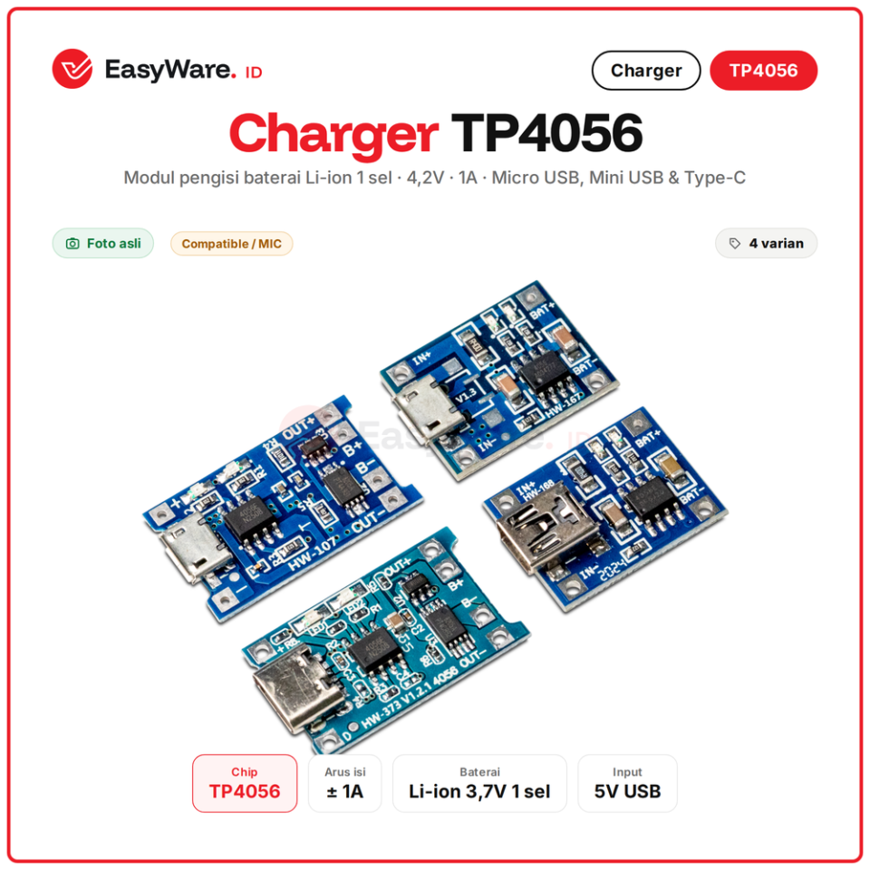 Modul Charger TP4056 1A Baterai Lithium 18650 Li-ion 3.7V Micro USB Mini USB Type C dengan Proteksi DW01A (4 Pilihan)