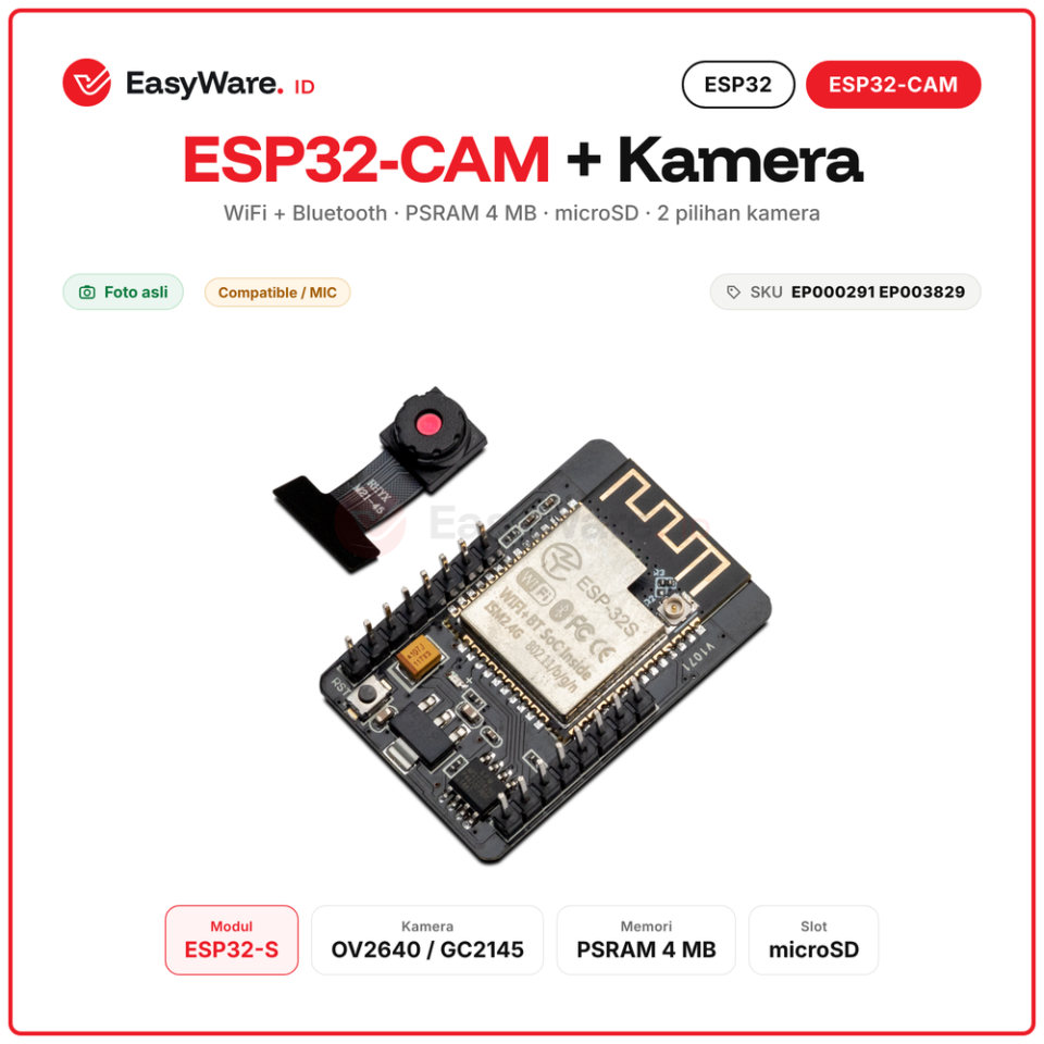 ESP32-CAM WiFi Bluetooth Modul Kamera OV2640 atau GC2145 PSRAM 4MB Slot microSD ESP32-S CCTV IoT 2 Varian (2 Pilihan)