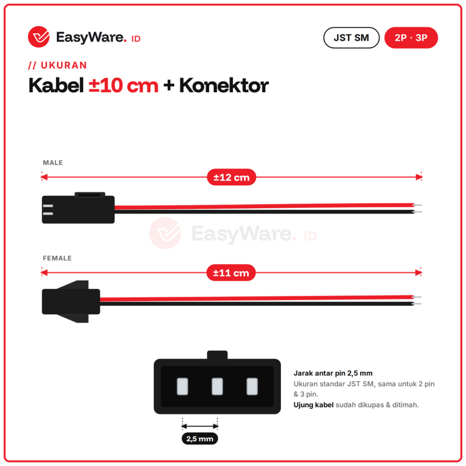 Kabel Konektor JST SM 2 Pin / 3 Pin Male Female Sepasang 10cm (2 Pilihan)
