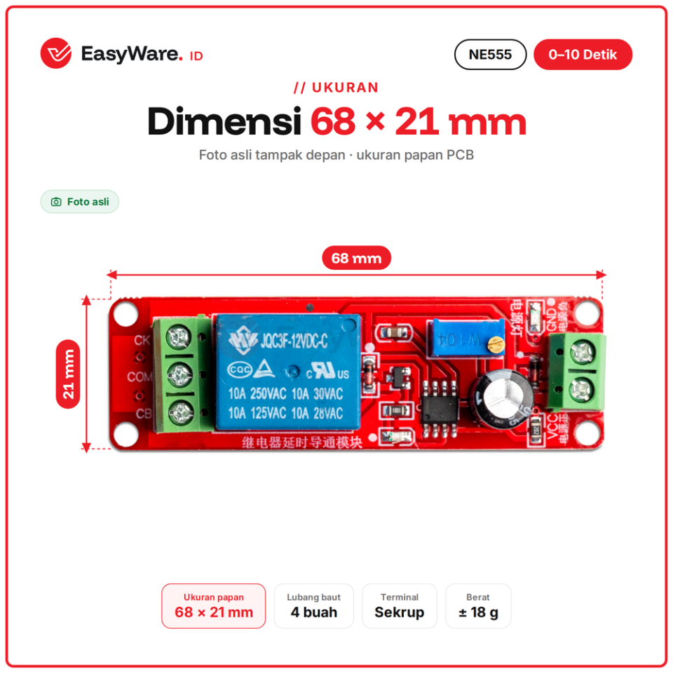 NE555 Timer Delay Relay Modul Tunda Nyala 0–10 Detik DC 12V