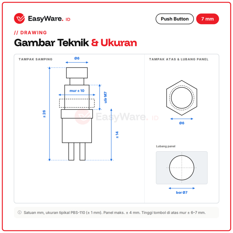 Push Button PBS-110 7mm Momentary 2 Pin Tombol Tekan Panel Merah Hijau Biru Kuning Putih Hitam Arduino (6 Pilihan)
