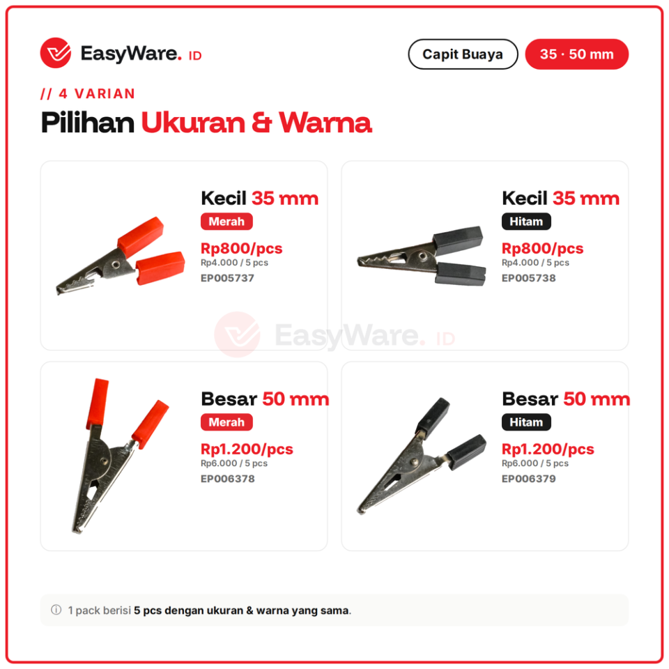 [5 PCS] Capit Buaya Alligator Clip Isi 5 pcs Kecil 35mm Besar 50mm Boot Merah Hitam Jepit Kabel Probe Multimeter Arduino (4 Pilihan)