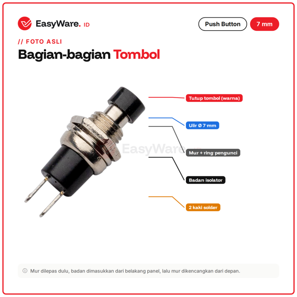 Push Button PBS-110 7mm Momentary 2 Pin Tombol Tekan Panel Merah Hijau Biru Kuning Putih Hitam Arduino (6 Pilihan)