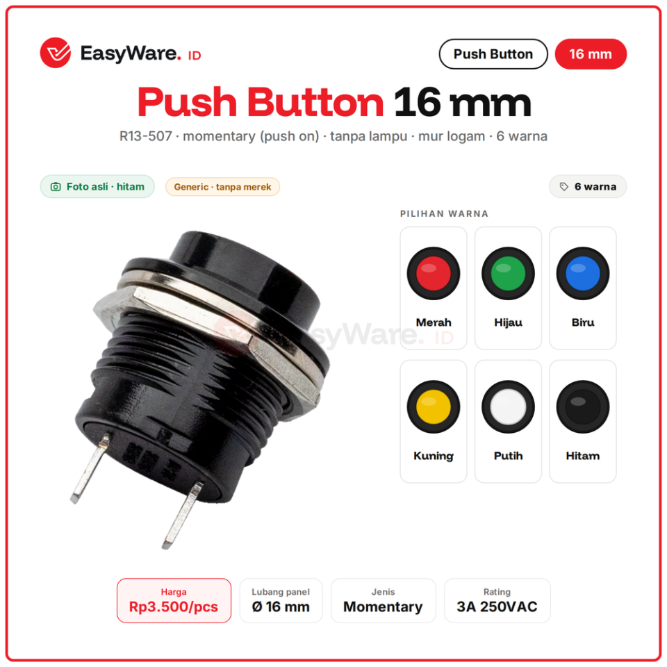 Push Button 16mm R13-507 Momentary 2 Pin Mur Logam Tombol Tekan Panel Merah Hijau Biru Kuning Putih Hitam 3A 250V (6 Pilihan)