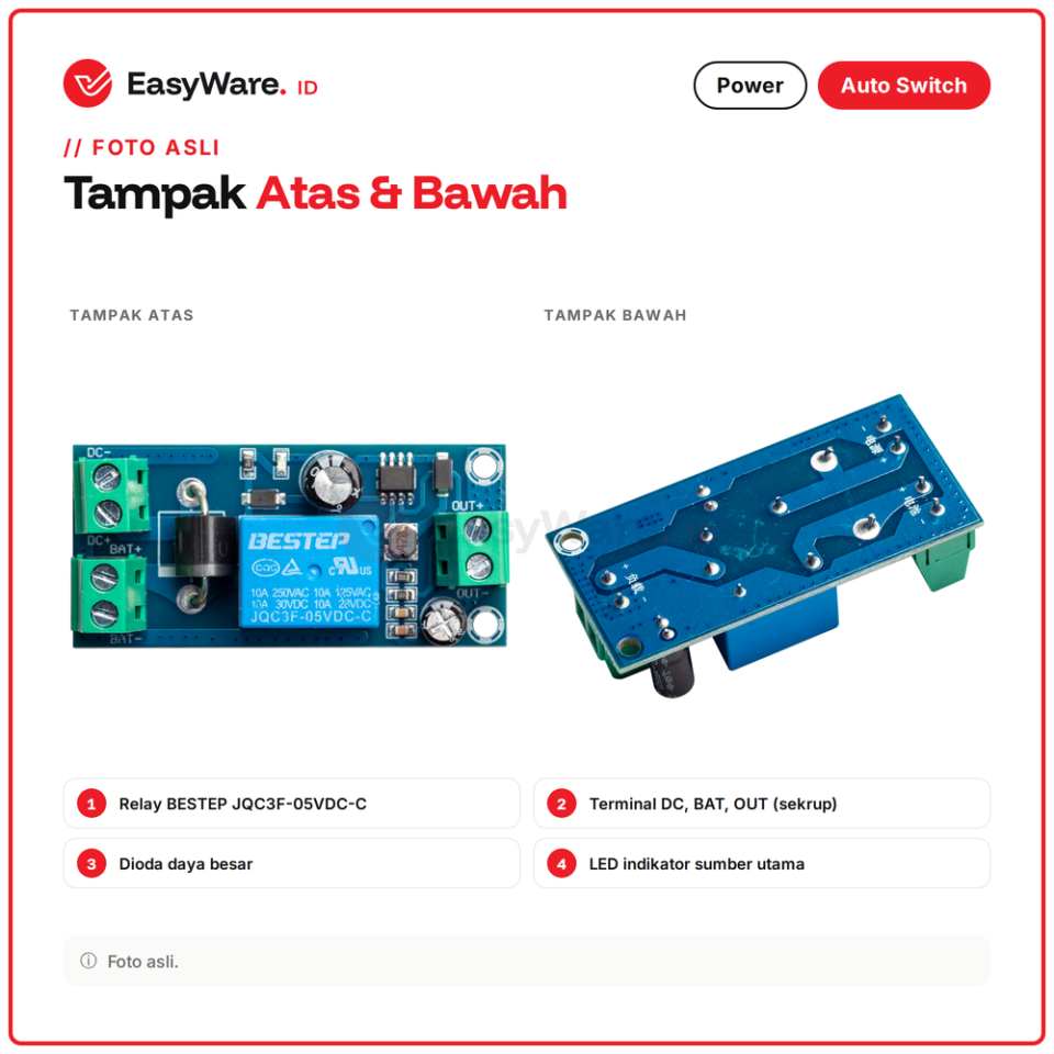 Modul Saklar Otomatis Power Failure Switching Adaptor ke Baterai Cadangan Relay 10A DC 5-48V