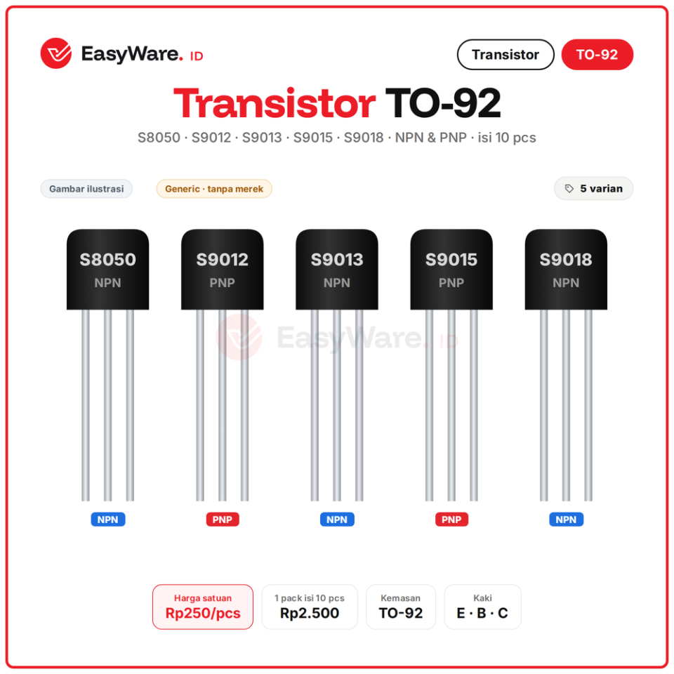 [10 PCS] Transistor S8050 S9012 S9013 S9015 S9018 TO-92 NPN PNP Bipolar BJT 8050 9012 9013 9015 9018 Arduino (5 Pilihan)