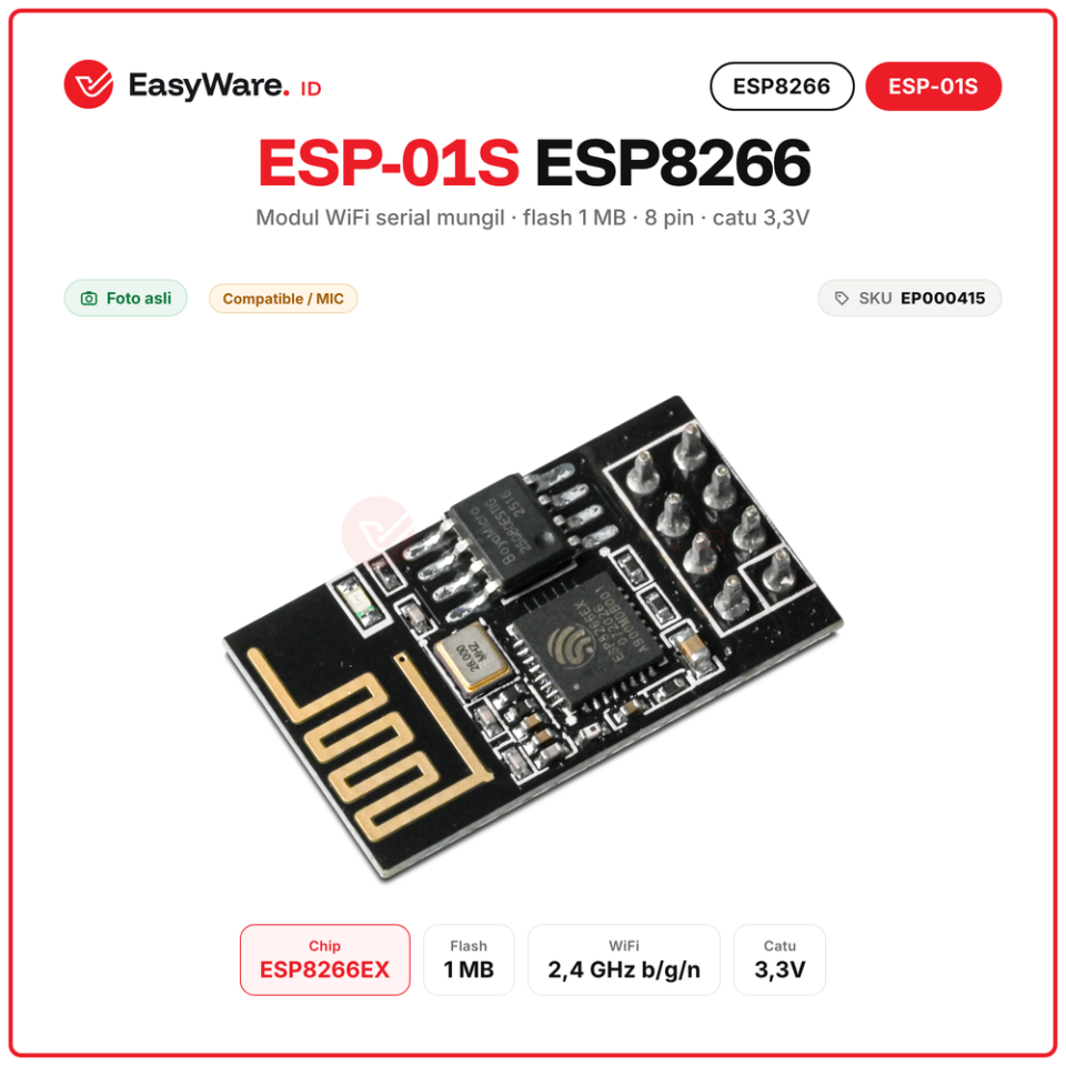 Modul WiFi ESP-01S ESP8266 Serial Wireless Transceiver Flash 1MB 8 Pin 3,3V IoT Arduino AT Command