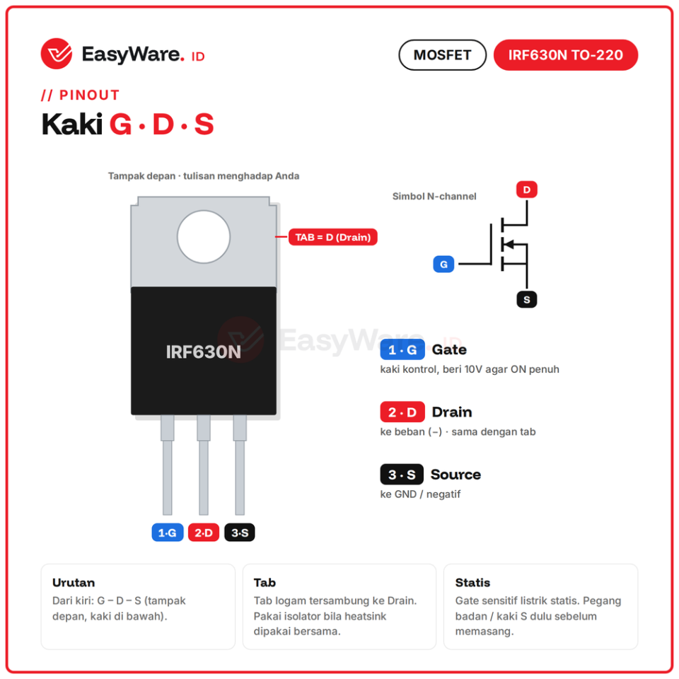 MOSFET IRF630N N-Channel 200V 9.3A TO-220 Original IR Power Transistor untuk Inverter Driver Motor SMPS
