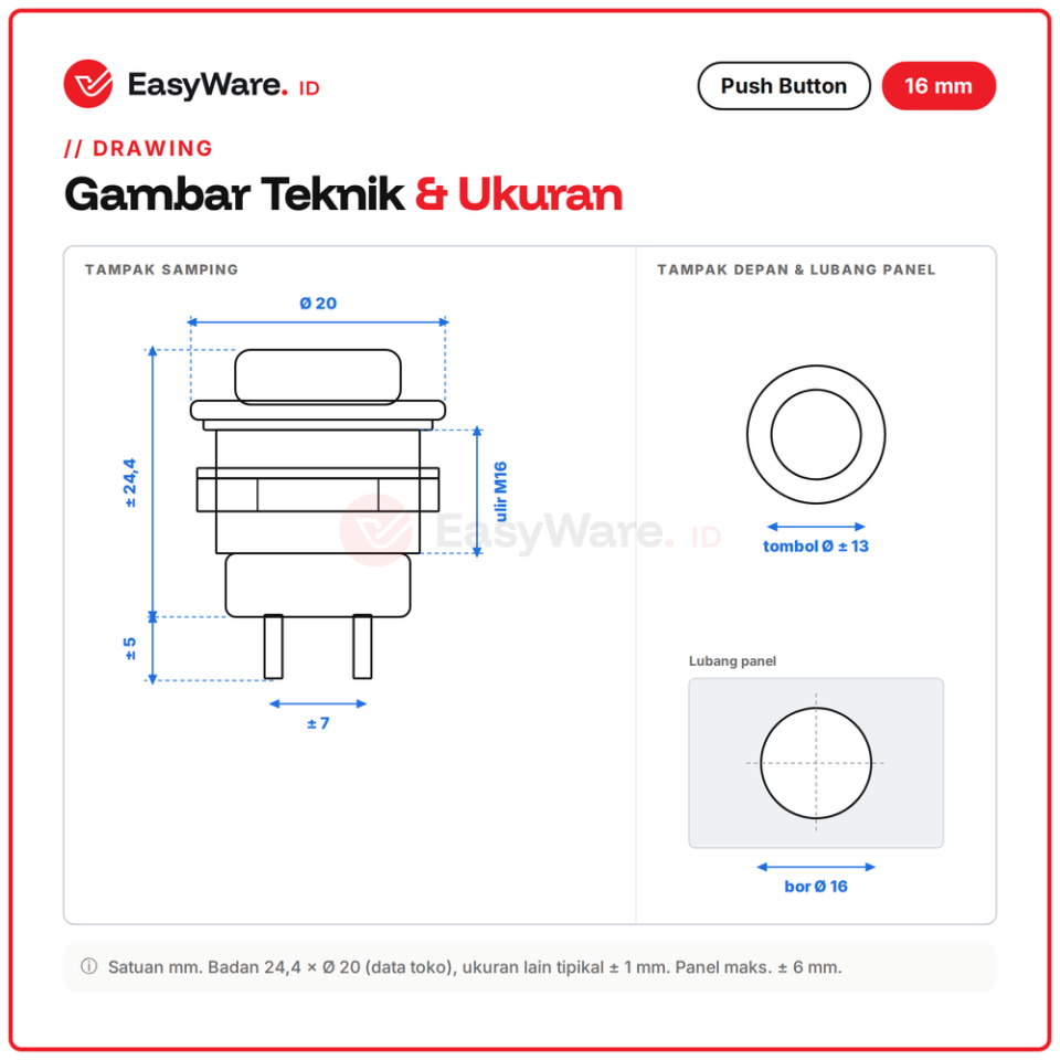 Push Button 16mm R13-507 Momentary 2 Pin Mur Logam Tombol Tekan Panel Merah Hijau Biru Kuning Putih Hitam 3A 250V (6 Pilihan)