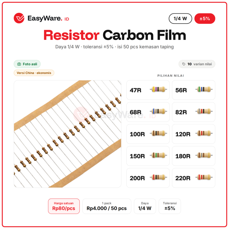 [50 PCS] Resistor Carbon Film 1/4W 5% 47R–220R (10 Pilihan)