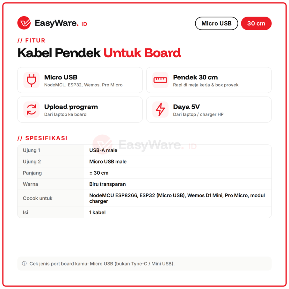 Kabel USB-A ke Micro USB 30 cm untuk NodeMCU & ESP32