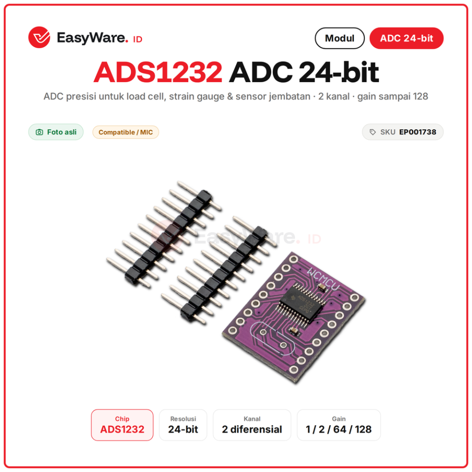 Modul ADC ADS1232 24 Bit 2 Channel Load Cell Timbangan Strain Gauge WCMCU-1232 Arduino