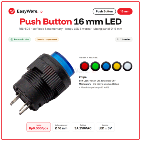 Push Button 16mm R16-503 Lampu LED Self Lock Momentary Merah Hijau Biru Kuning Putih Saklar Tombol Panel 3A 250V