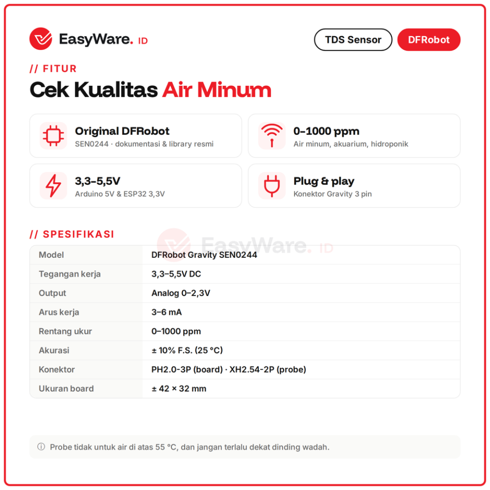 DFRobot Gravity Analog TDS Sensor Meter SEN0244 Original Sensor Kualitas Air 0-1000ppm untuk Arduino ESP32 Hidroponik