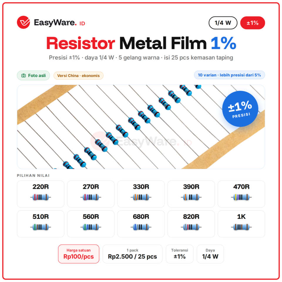 [25 PCS] Resistor Metal Film 1/4W 1% 220R–1K (10 Pilihan)