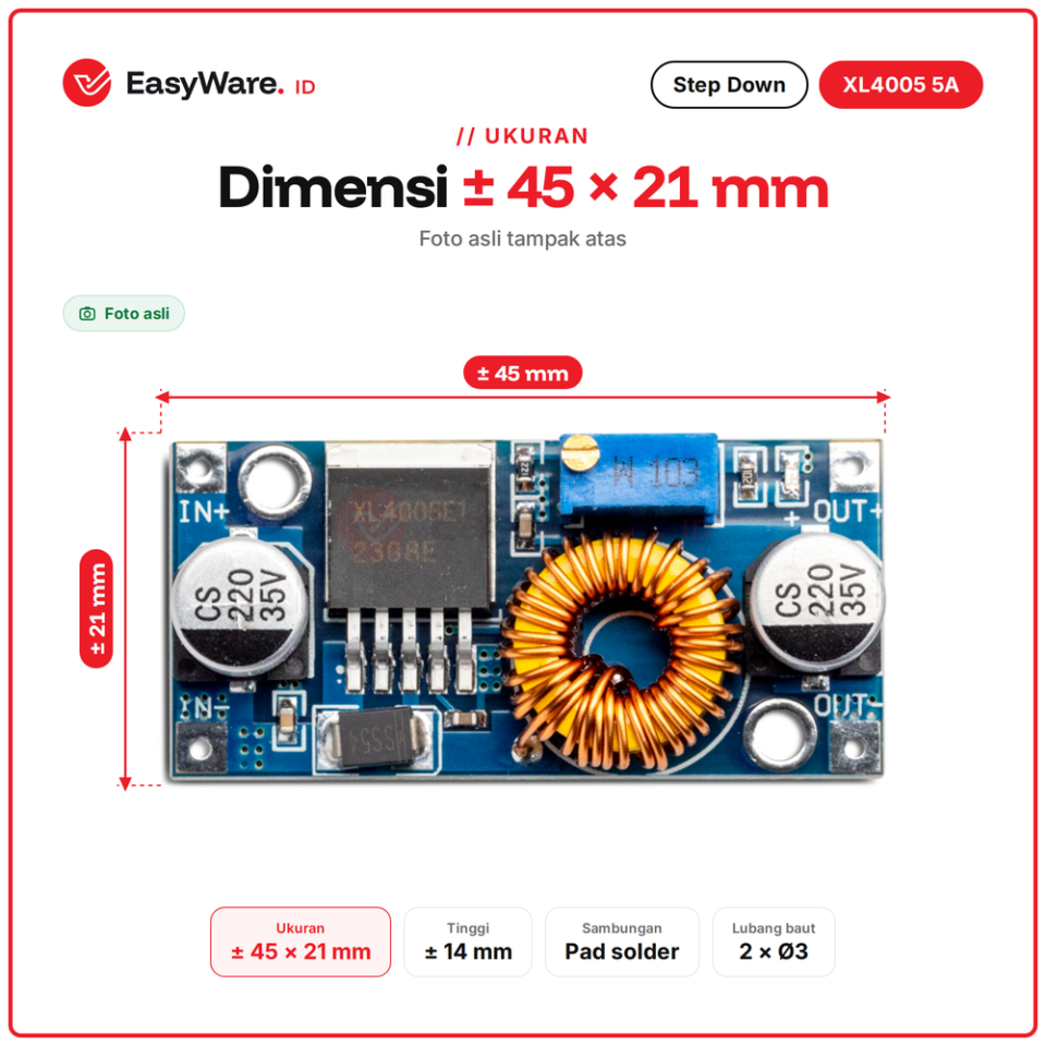 Step Down DC DC XL4005 5A 75W Adjustable Buck Converter Input 5-32V Output 0.8-30V Penurun Tegangan Arduino