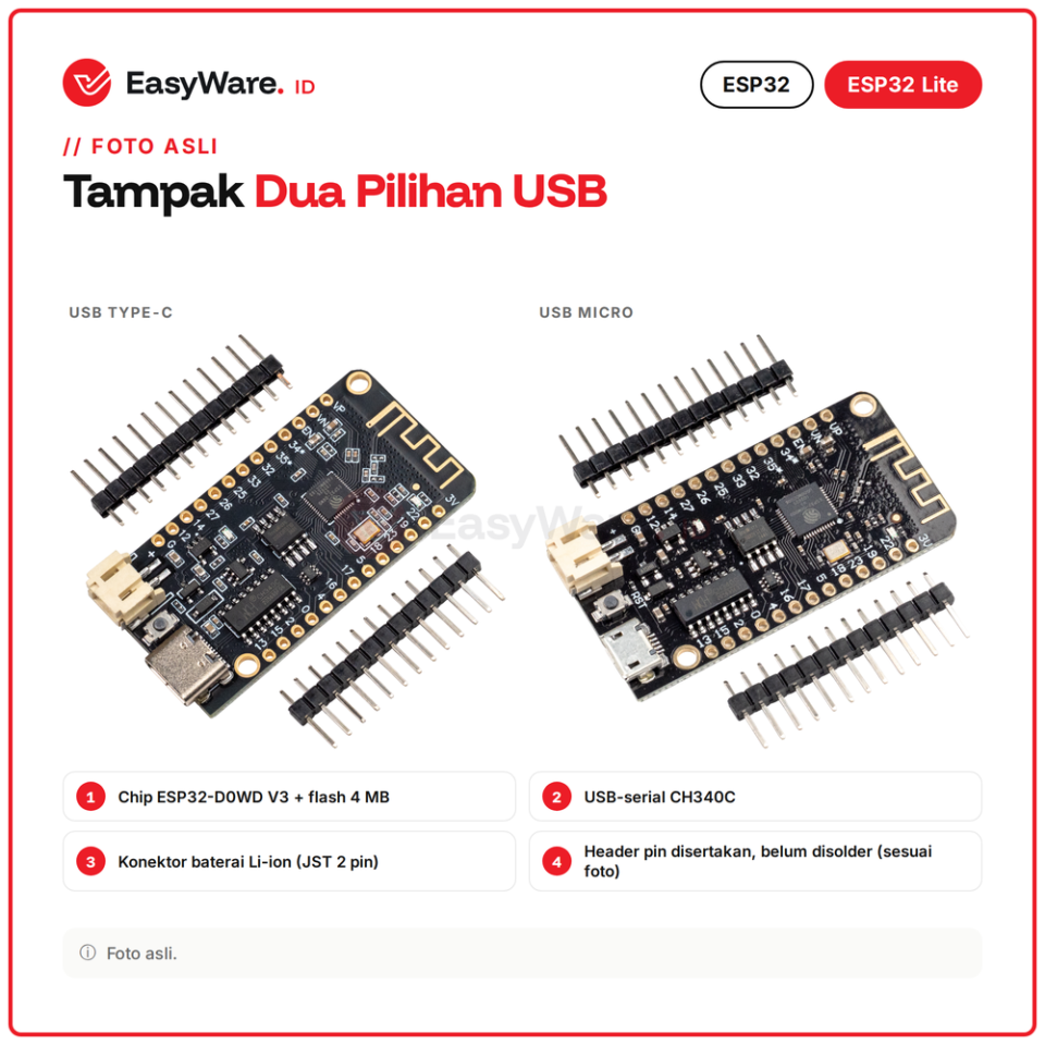 Board ESP32 Lite WiFi Bluetooth 4MB CH340C Konektor Baterai Lithium USB Type-C Micro IoT 2 Varian (2 Pilihan)