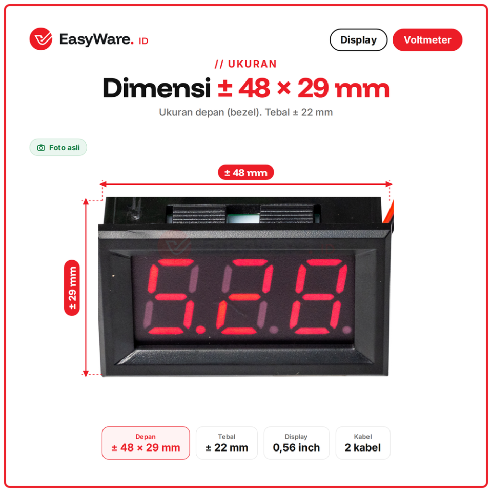 Voltmeter Digital DC 4.5-30V 2 Kabel 0.56 Inch LED Merah Panel Meter Tegangan Aki Baterai