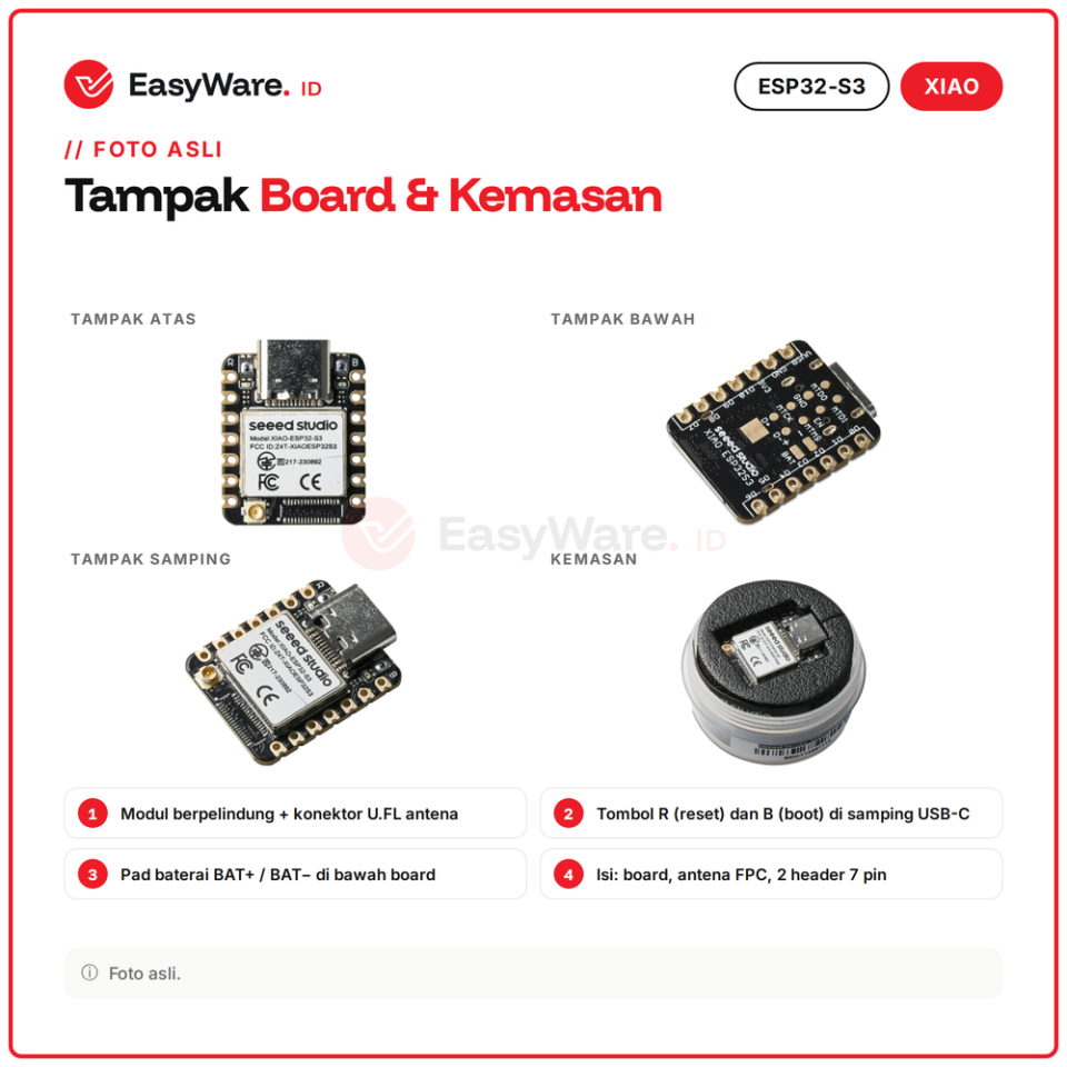 XIAO ESP32-S3 Board Mini WiFi Bluetooth 5 USB Type-C 8MB PSRAM 8MB Flash Charger Baterai Antena