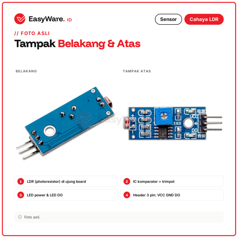 Modul Sensor Cahaya LDR 3 Pin Light Sensor Photoresistor Output Digital untuk Arduino ESP32 Lampu Otomatis