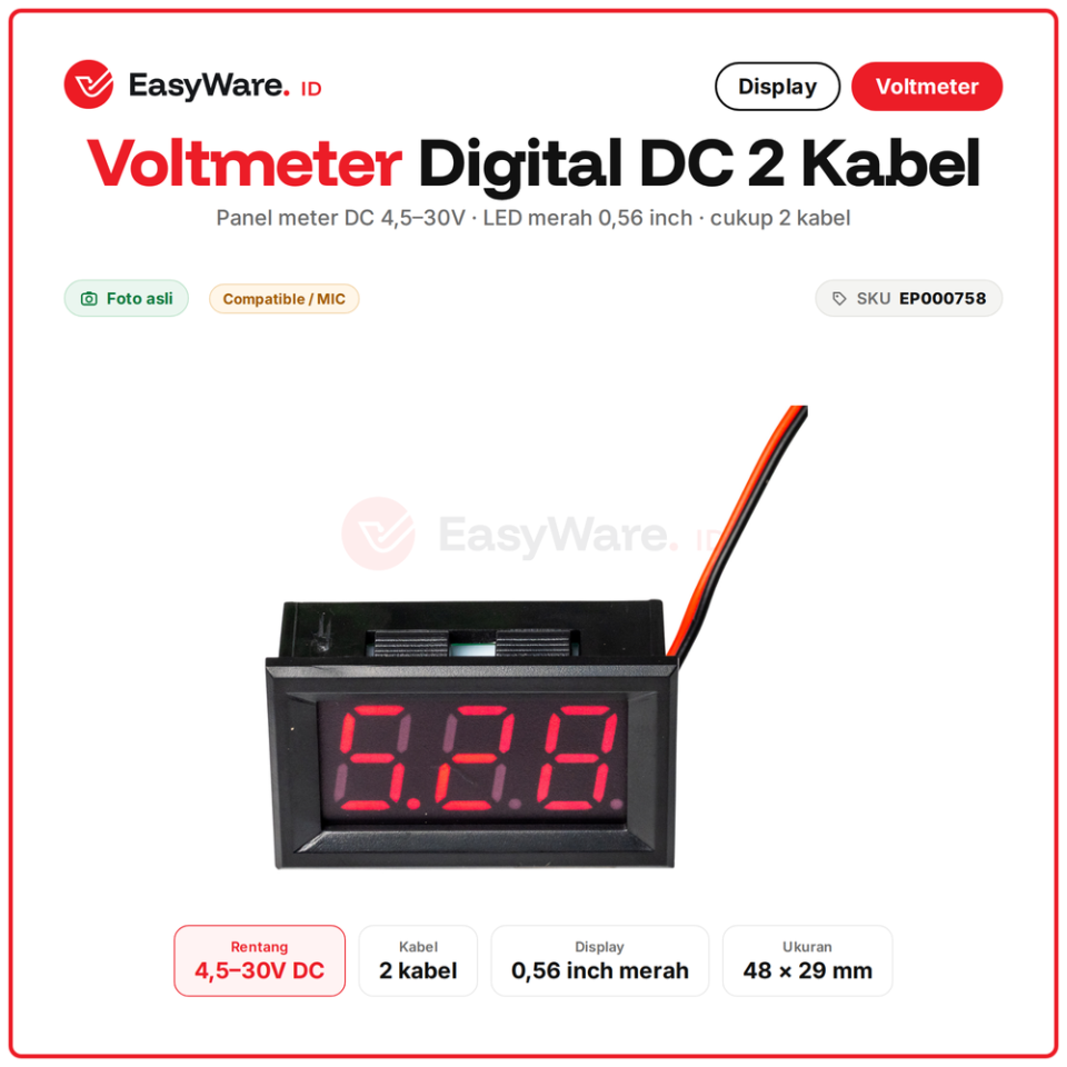 Voltmeter Digital DC 4.5-30V 2 Kabel 0.56 Inch LED Merah Panel Meter Tegangan Aki Baterai