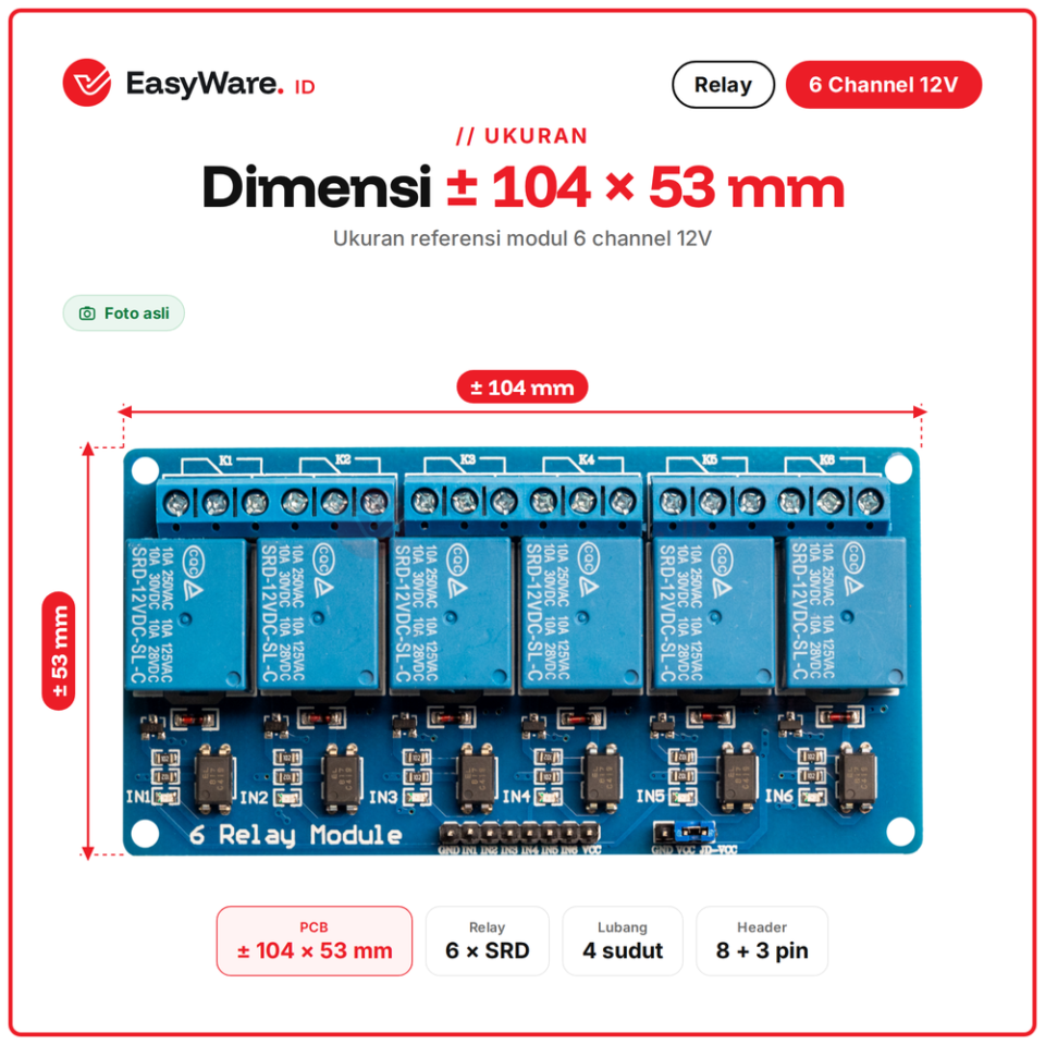 Modul Relay 6 Channel 12V Optocoupler Relay SRD 10A 250VAC Aktif Low untuk Arduino ESP32 Smart Home
