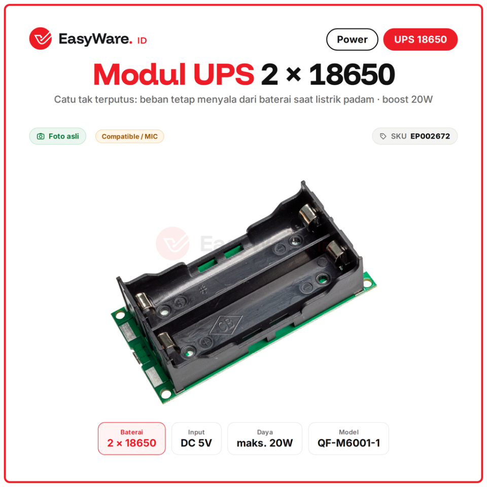 Modul UPS 2 Slot Baterai 18650 Boost 20W Input 5V Catu Cadangan Router Modem CCTV QF-M6001-1