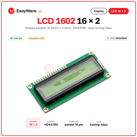 LCD 1602 16x2 Karakter HD44780 Layar Kuning Hijau Backlight Paralel 16 Pin Display Arduino Tanpa I2C
