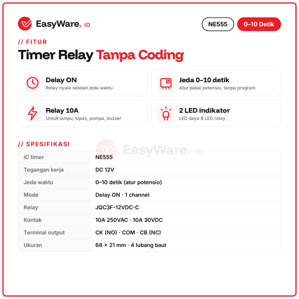 NE555 Timer Delay Relay Modul Tunda Nyala 0–10 Detik DC 12V