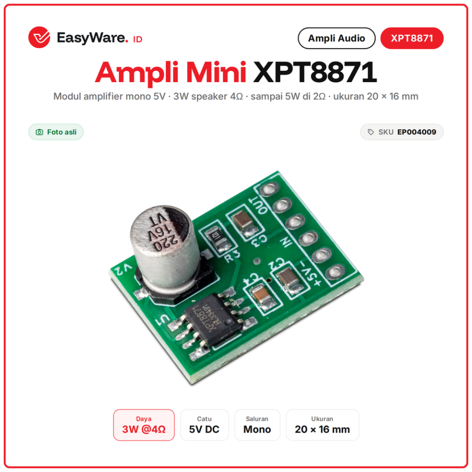 Modul Amplifier Mono XPT8871 5V 3W 5W Mini Audio Amplifier Speaker 4 Ohm untuk DFPlayer Arduino Bluetooth