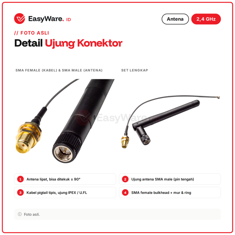 Antena WiFi Bluetooth 2.4GHz SMA Male Engsel Lipat + Kabel Pigtail IPEX U.FL ke SMA Female Bulkhead ESP32 32U