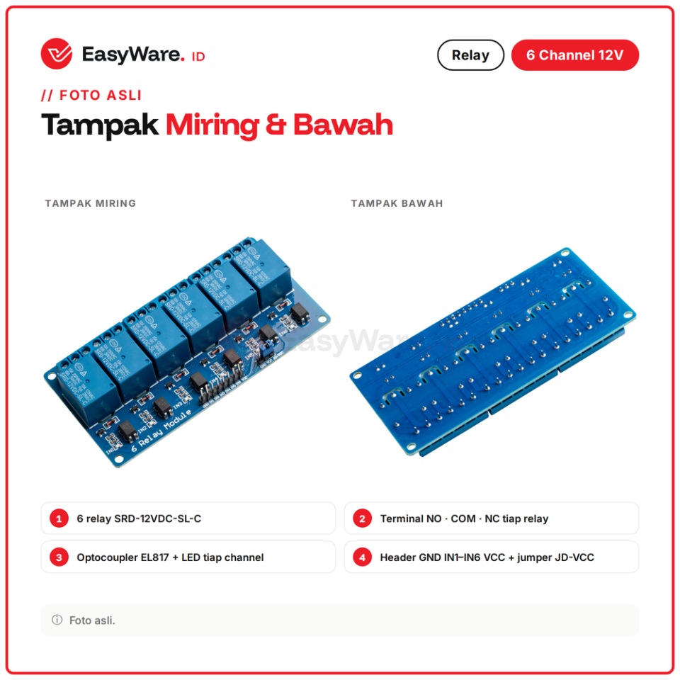 Modul Relay 6 Channel 12V Optocoupler Relay SRD 10A 250VAC Aktif Low untuk Arduino ESP32 Smart Home