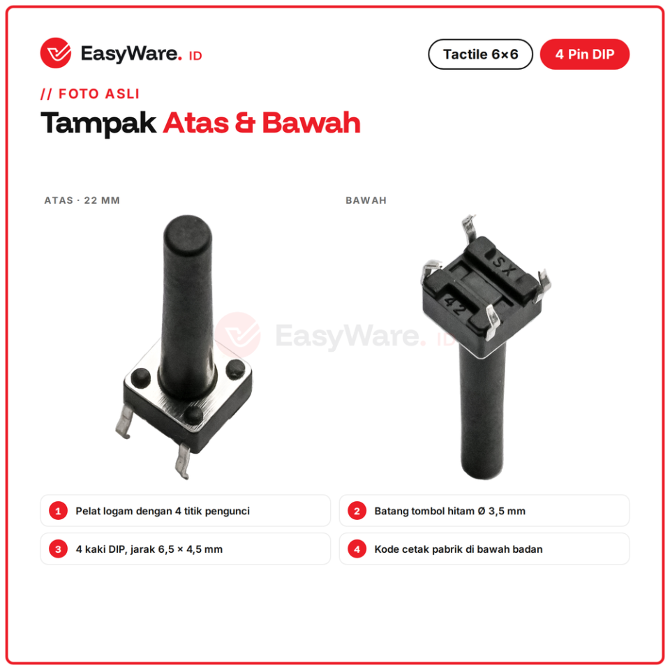 [10 PCS] Tactile Switch 6x6 DIP 4 Pin Tinggi 4,3–22 mm (10 Pilihan)