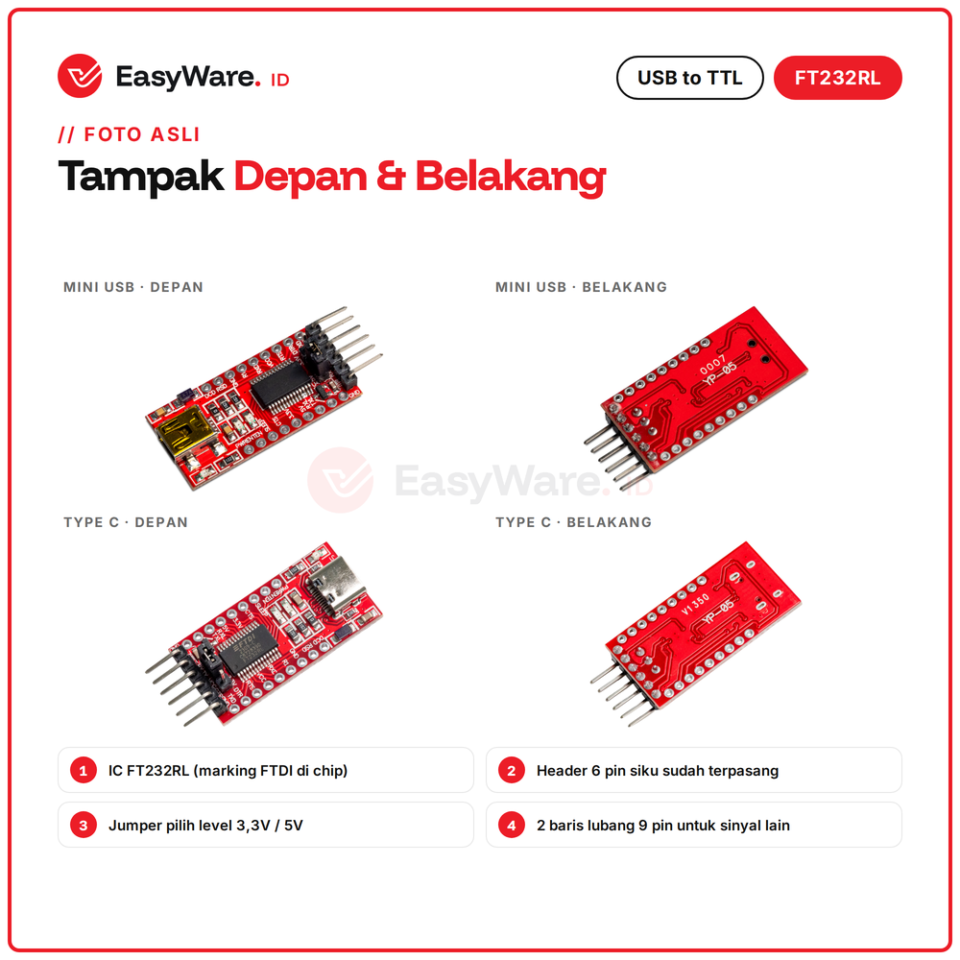 Modul USB to TTL FT232RL Serial UART 3.3V 5V Mini USB Type C (2 Pilihan)