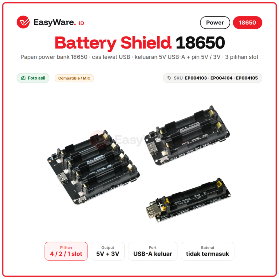 18650 Battery Shield Power Bank Board 4 Slot 2 Slot 1 Slot V3 Output 5V 3V USB Arduino ESP32 (3 Pilihan)