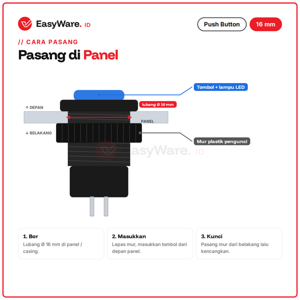 Push Button 16mm R16-503 Lampu LED Self Lock Momentary Merah Hijau Biru Kuning Putih Saklar Tombol Panel 3A 250V (12 Pilihan)