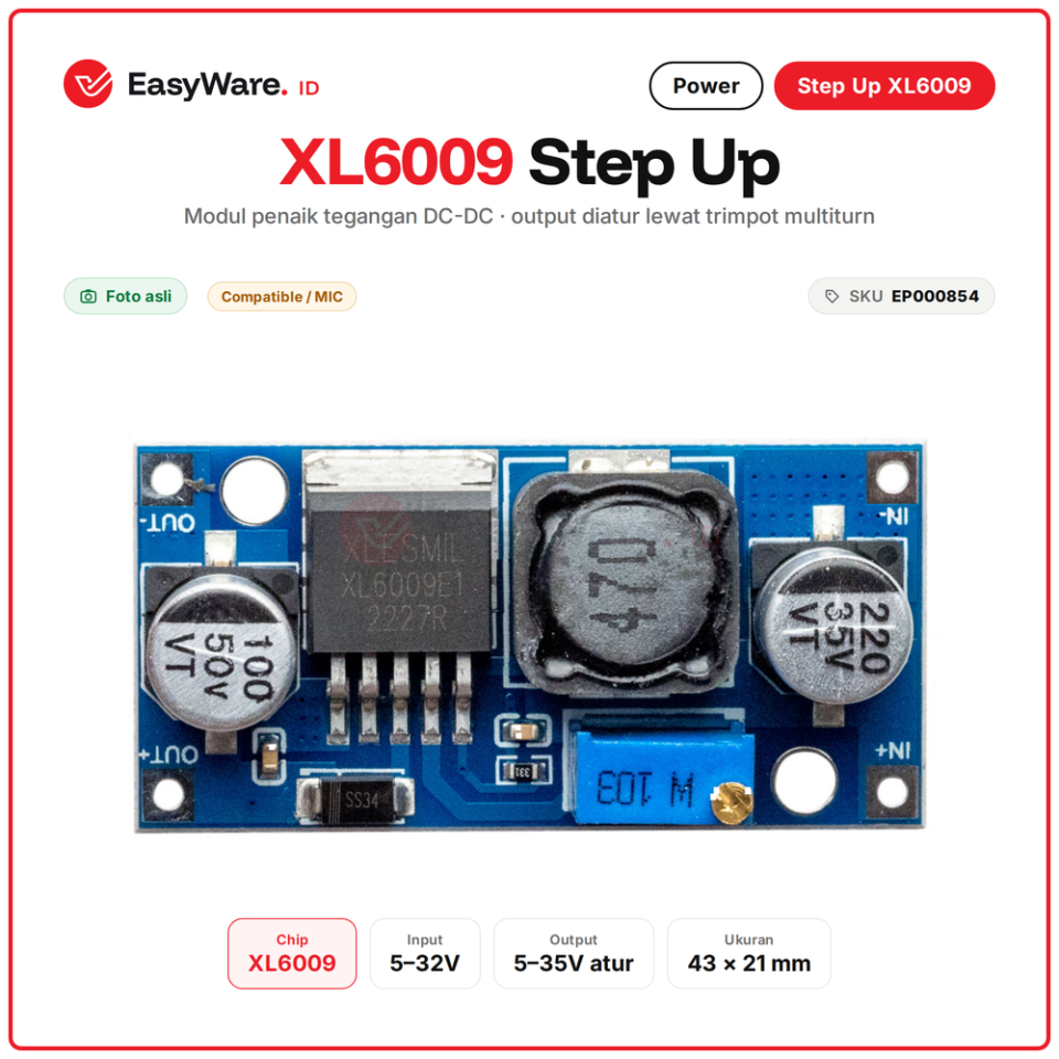 XL6009 Step Up DC-DC Boost Converter 5-32V ke 5-35V Adjustable Modul Penaik Tegangan 4A untuk Power Bank Aki Router