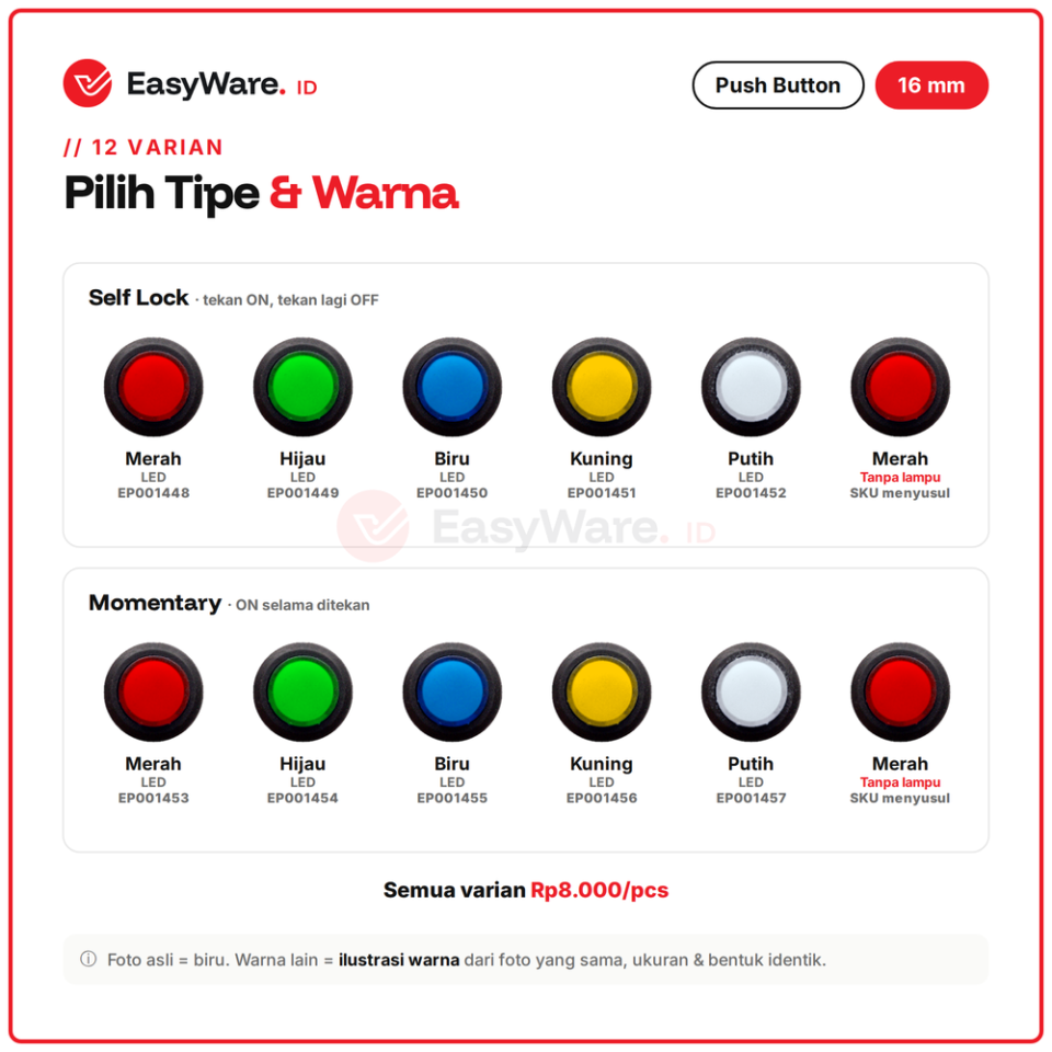 Push Button 16mm R16-503 Lampu LED Self Lock Momentary Merah Hijau Biru Kuning Putih Saklar Tombol Panel 3A 250V (12 Pilihan)