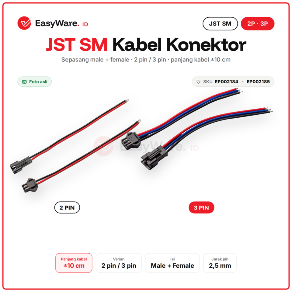 Kabel Konektor JST SM 2 Pin / 3 Pin Male Female Sepasang 10cm (2 Pilihan)