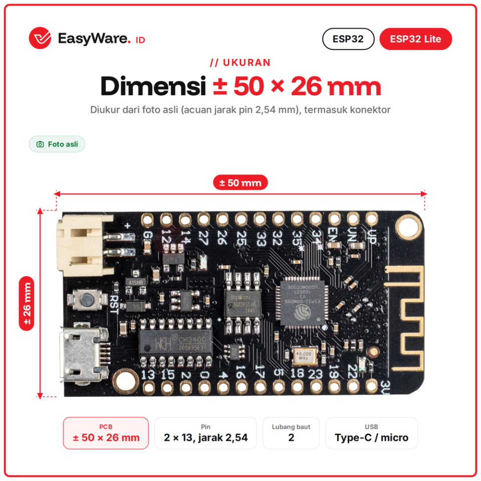 Board ESP32 Lite WiFi Bluetooth 4MB CH340C Konektor Baterai Lithium USB Type-C Micro IoT 2 Varian (2 Pilihan)